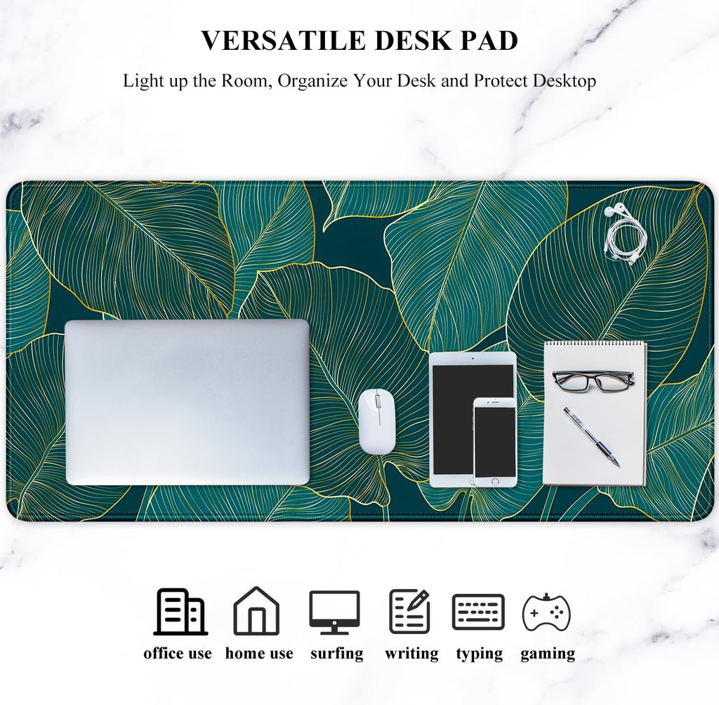 Desk Mat, Ultra Large Mouse Pad, XXL Gaming Mousepad, Green Tropical Leaves Deskpad, Big Extended Full Size Mouse Pad, Desktop Desk Matt for Keyboard, Laptop & Computer, 35.5 X 15.7 In