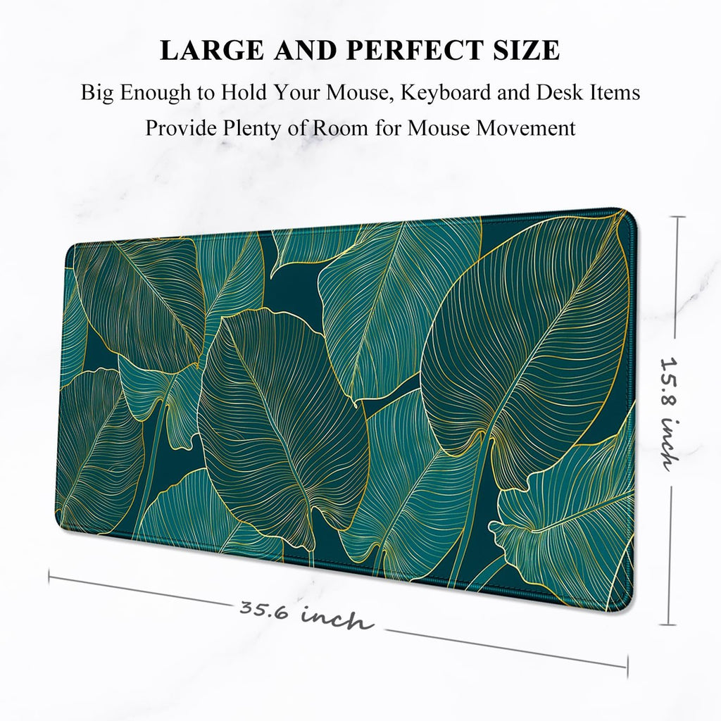 Desk Mat, Ultra Large Mouse Pad, XXL Gaming Mousepad, Green Tropical Leaves Deskpad, Big Extended Full Size Mouse Pad, Desktop Desk Matt for Keyboard, Laptop & Computer, 35.5 X 15.7 In