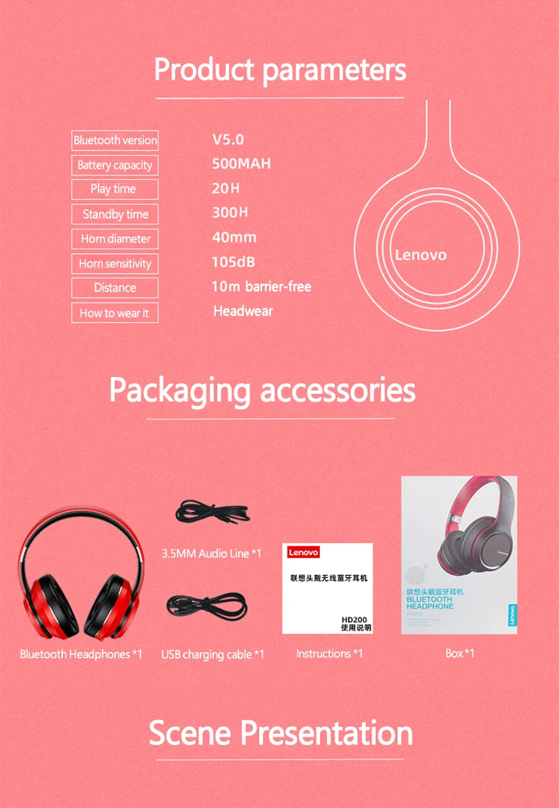 Lenovo HD200 – Wireless Foldable Over-Ear Headphones