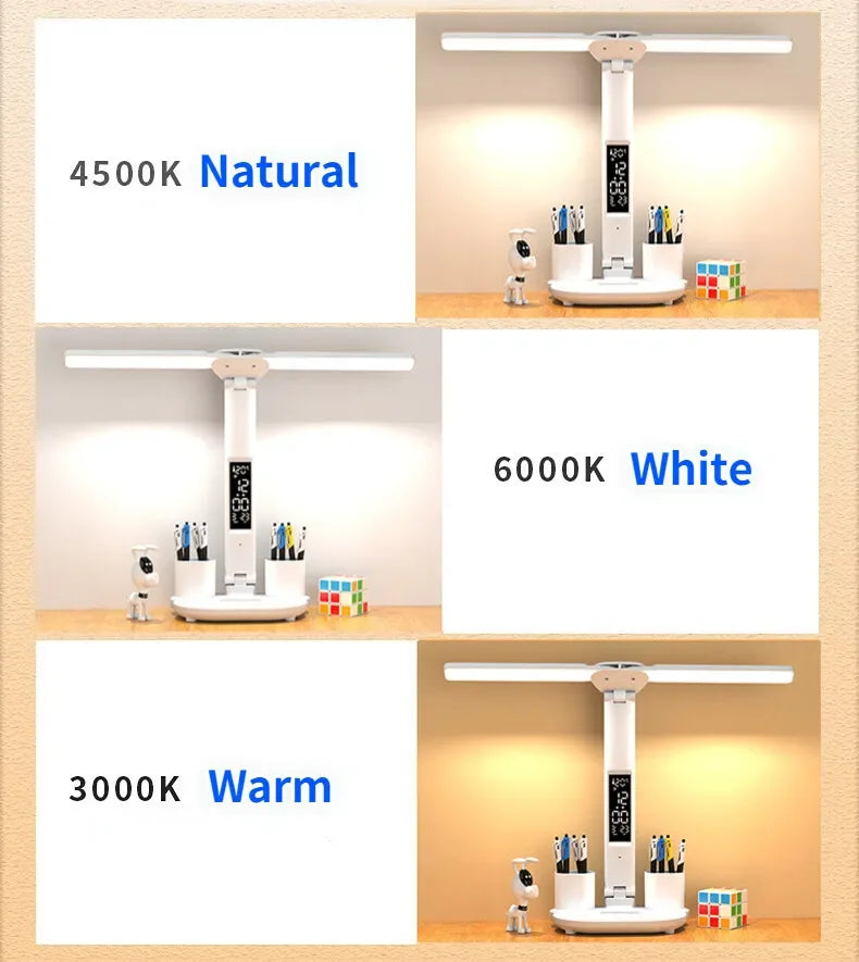 Double-Headed LED Table Lamp Dimmable Desk Lamp with Calendar Clock Foldable Eye Protection Reading Night Light