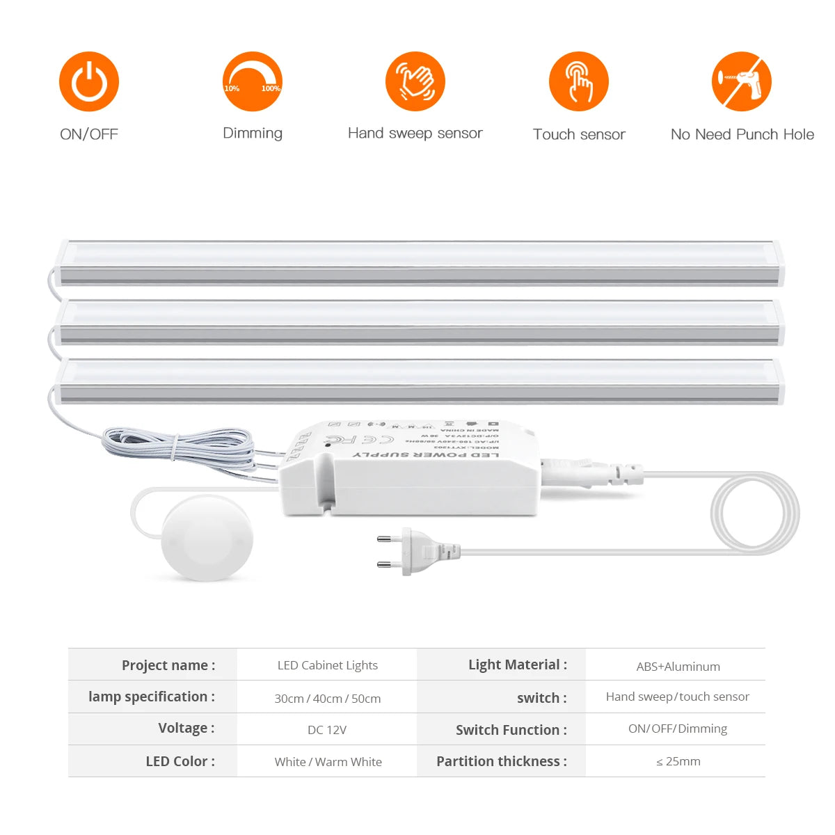Gadgit Co Touch Sensor Dimmable LED Cabinet Bar Light | Aluminum, No-Hole, 50,000hr