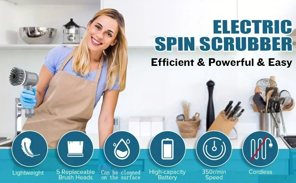 Gadgit Co Cordless Electric Spin Scrubber | 450 RPM, 5 Brush Heads, Rechargeable