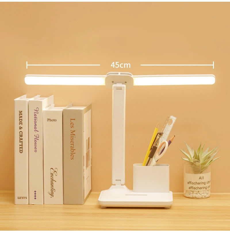 Double-Headed LED Table Lamp Dimmable Desk Lamp with Calendar Clock Foldable Eye Protection Reading Night Light