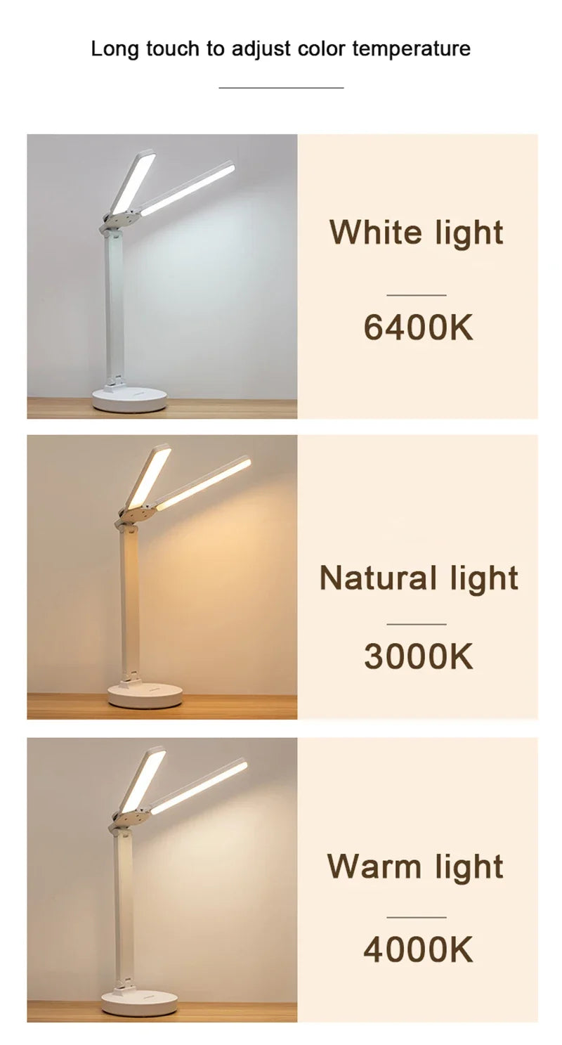 Double-Headed LED Table Lamp Dimmable Desk Lamp with Calendar Clock Foldable Eye Protection Reading Night Light
