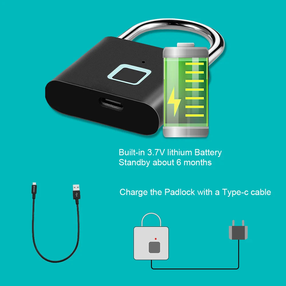 Gadgit Co Smart Fingerprint Padlock | IP67 Waterproof, 0.2s Unlock, Type-C Rechargeable