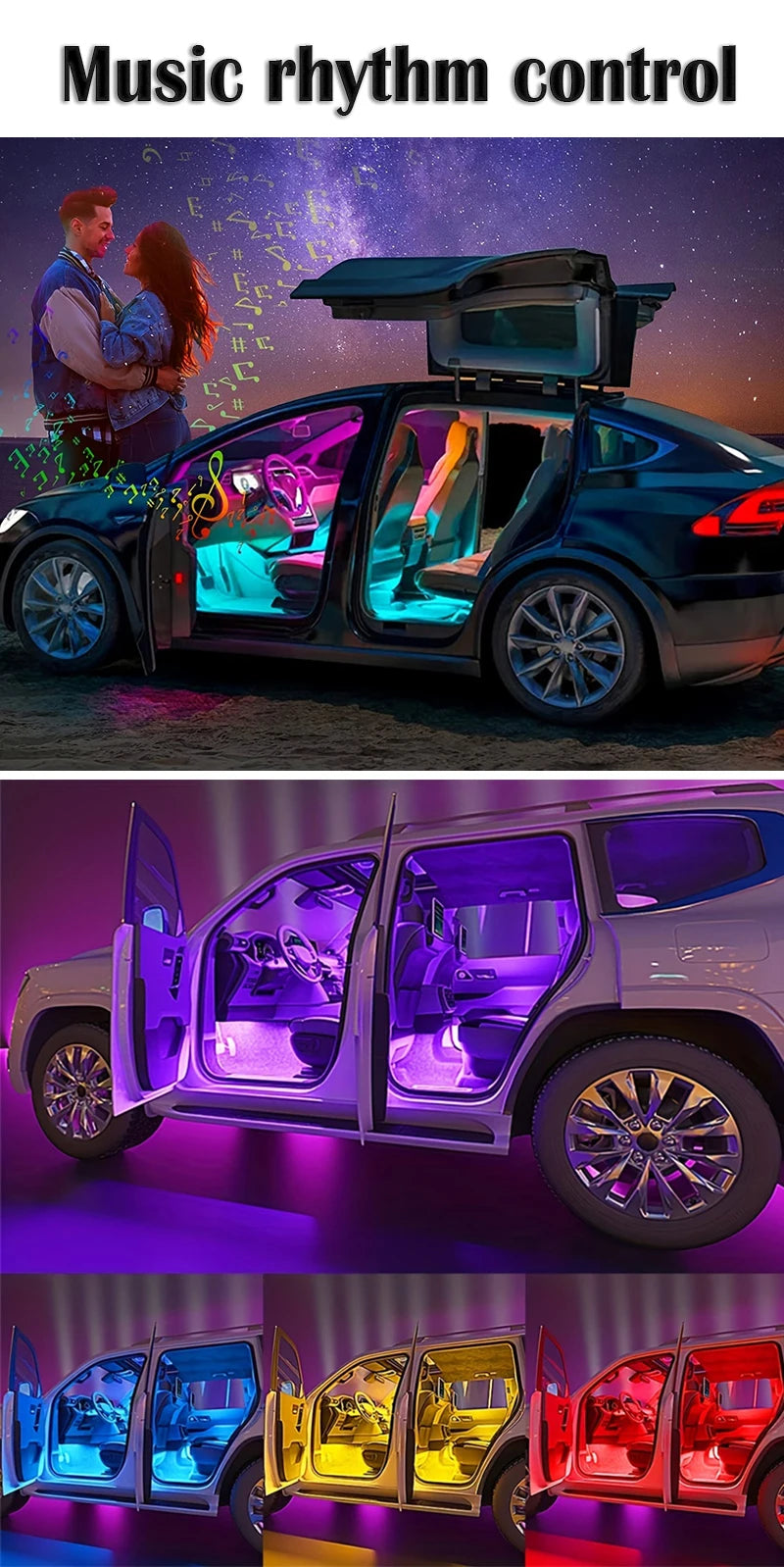 Gadgit Co RGB Car Interior LED Light Strip | Bluetooth APP, Music Sync, IP65, 48 LEDs