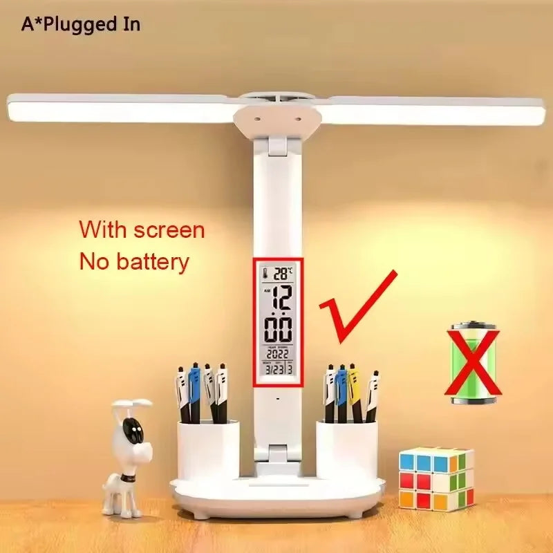 Double-Headed LED Table Lamp Dimmable Desk Lamp with Calendar Clock Foldable Eye Protection Reading Night Light
