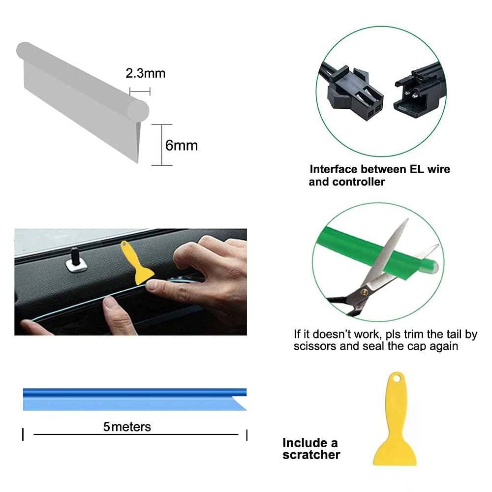 Gadgit Co 5M Neon EL Wire Car Interior Light | Flexible, 10 Colours, USB or 12V