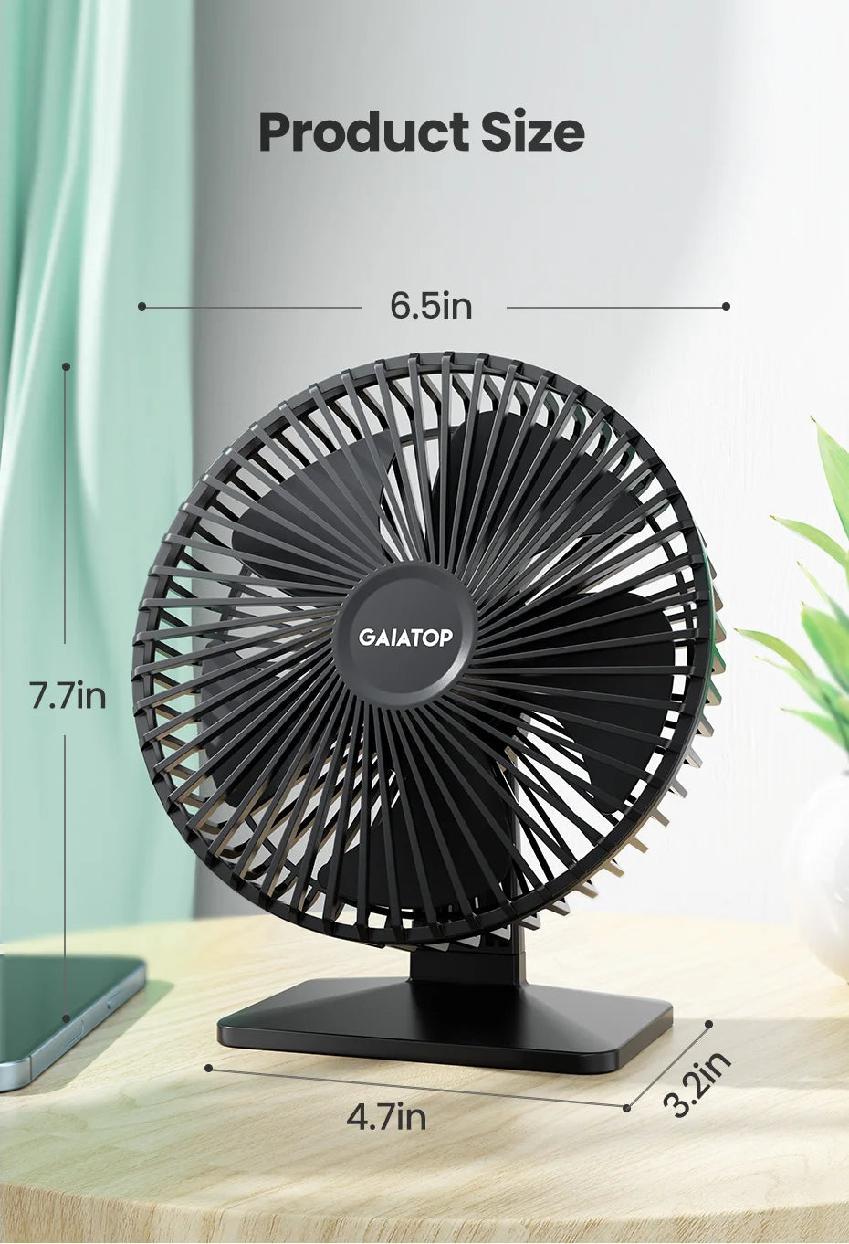 GAIATOP Desk Fan Portable USB Fan 90° Adjustable. Mute 3 Speed Adjustment