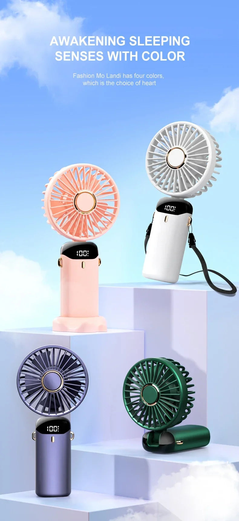 Handheld Mini Fan Foldable Portable Neck Hanging Fans 5 Speed USB Rechargeable.