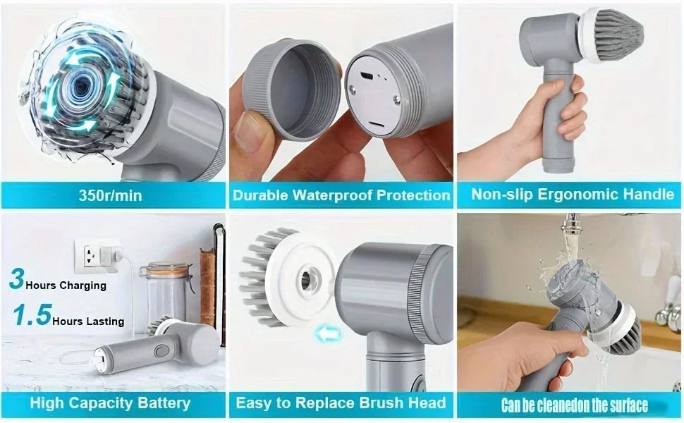 Gadgit Co Cordless Electric Spin Scrubber | 450 RPM, 5 Brush Heads, Rechargeable