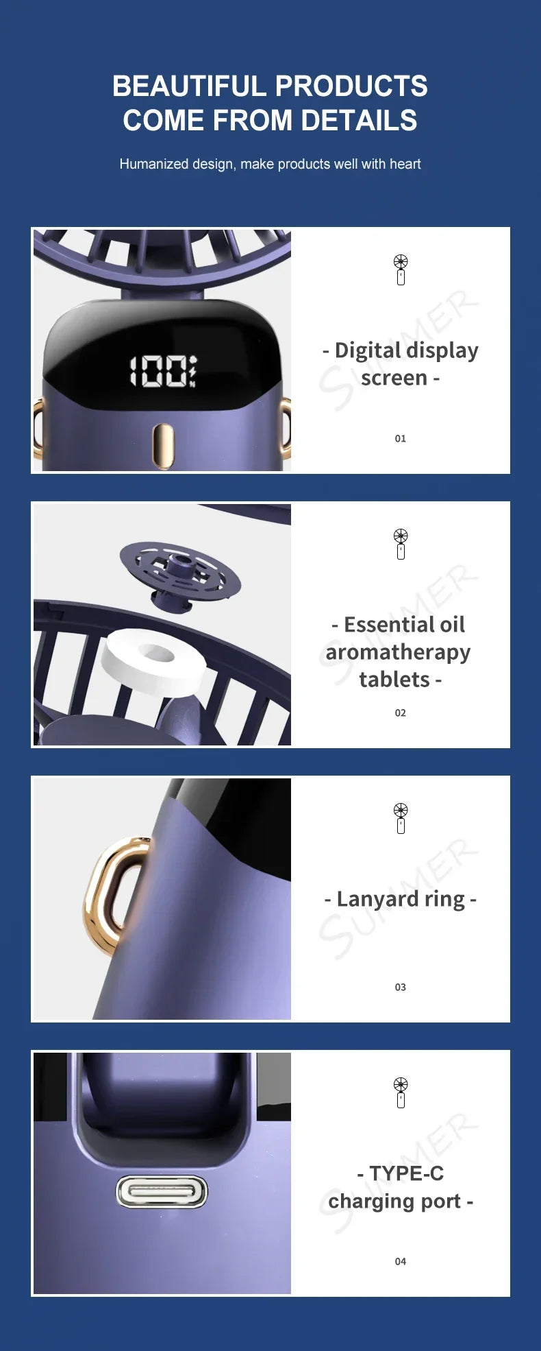 Handheld Mini Fan Foldable Portable Neck Hanging Fans 5 Speed USB Rechargeable.