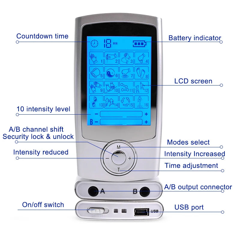 USB Charging TENS Machine EMS Muscle Stimulator Dual Channel 16 Mode Electronic Pulse Massager for Pain Relief Body Treatment
