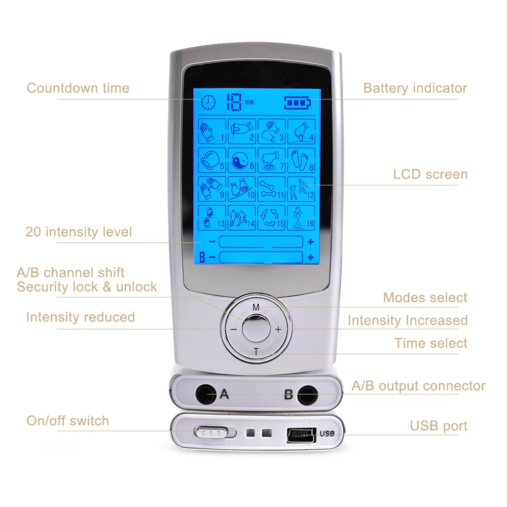 USB Charging TENS Machine EMS Muscle Stimulator Dual Channel 16 Mode Electronic Pulse Massager for Pain Relief Body Treatment