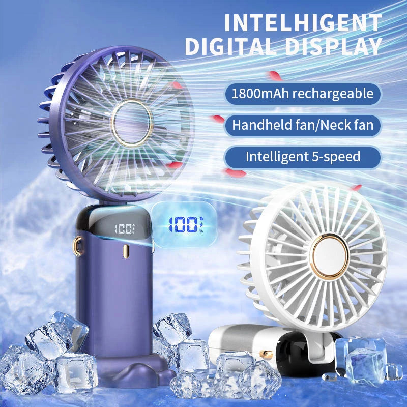 Handheld Mini Fan Foldable Portable Neck Hanging Fans 5 Speed USB Rechargeable.