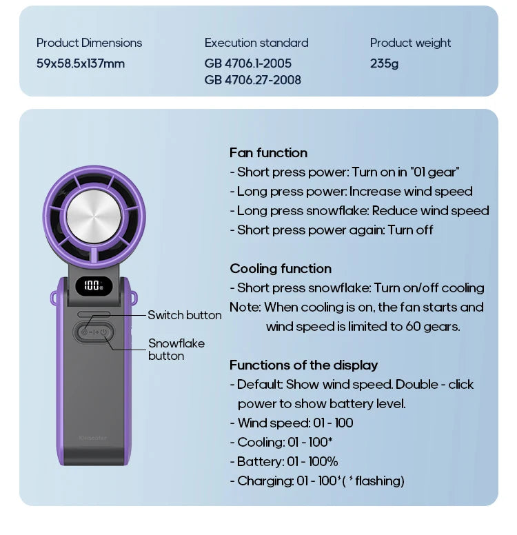 KINSCOTER Outdoor Foldable Portable Handheld Fan Mini Cooling Rechargeable