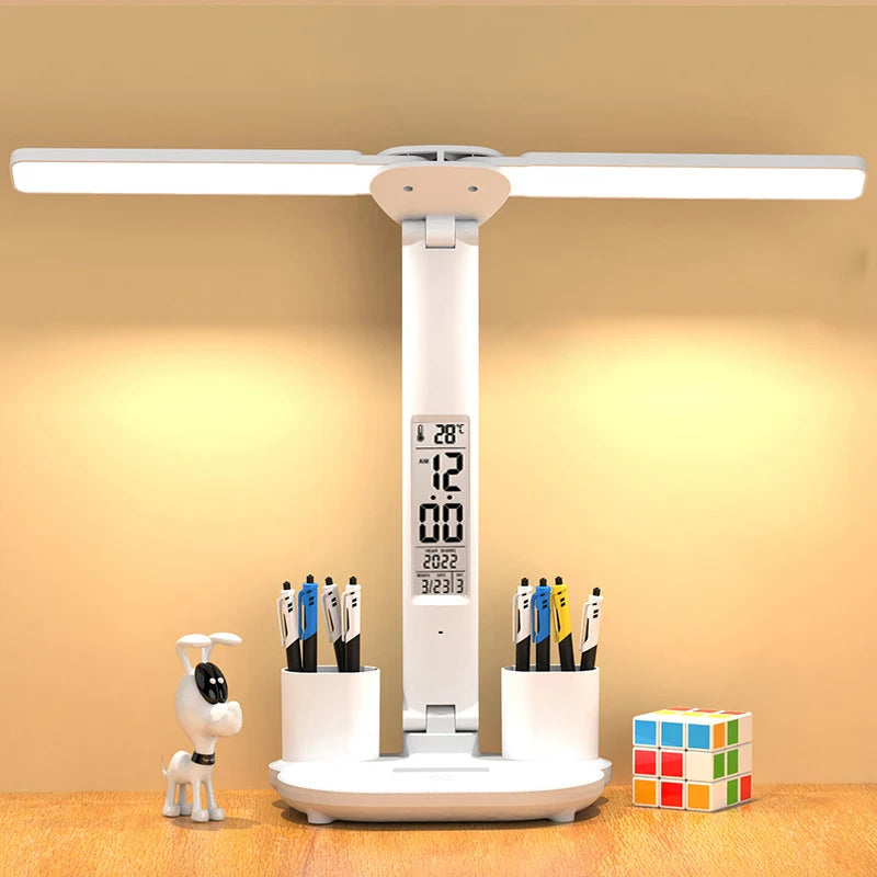 Double-Headed LED Table Lamp Dimmable Desk Lamp with Calendar Clock Foldable Eye Protection Reading Night Light