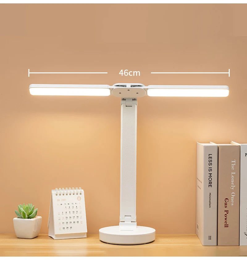 Double-Headed LED Table Lamp Dimmable Desk Lamp with Calendar Clock Foldable Eye Protection Reading Night Light