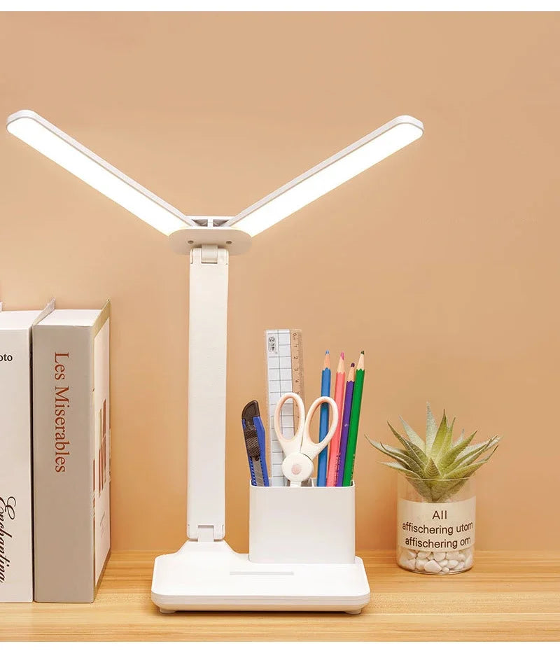 Double-Headed LED Table Lamp Dimmable Desk Lamp with Calendar Clock Foldable Eye Protection Reading Night Light