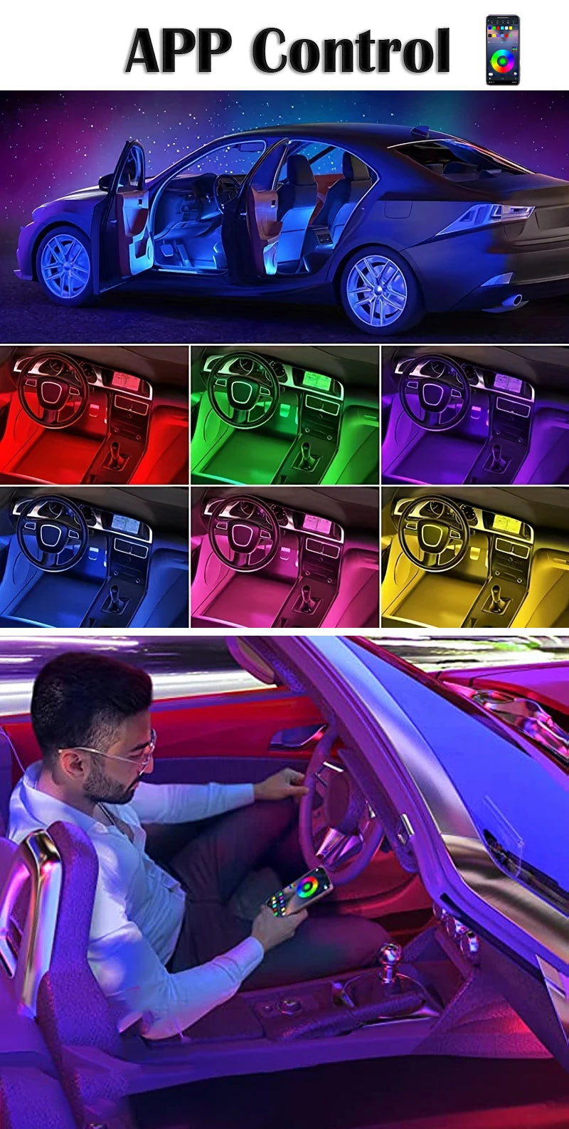 Gadgit Co RGB Car Interior LED Light Strip | Bluetooth APP, Music Sync, IP65, 48 LEDs