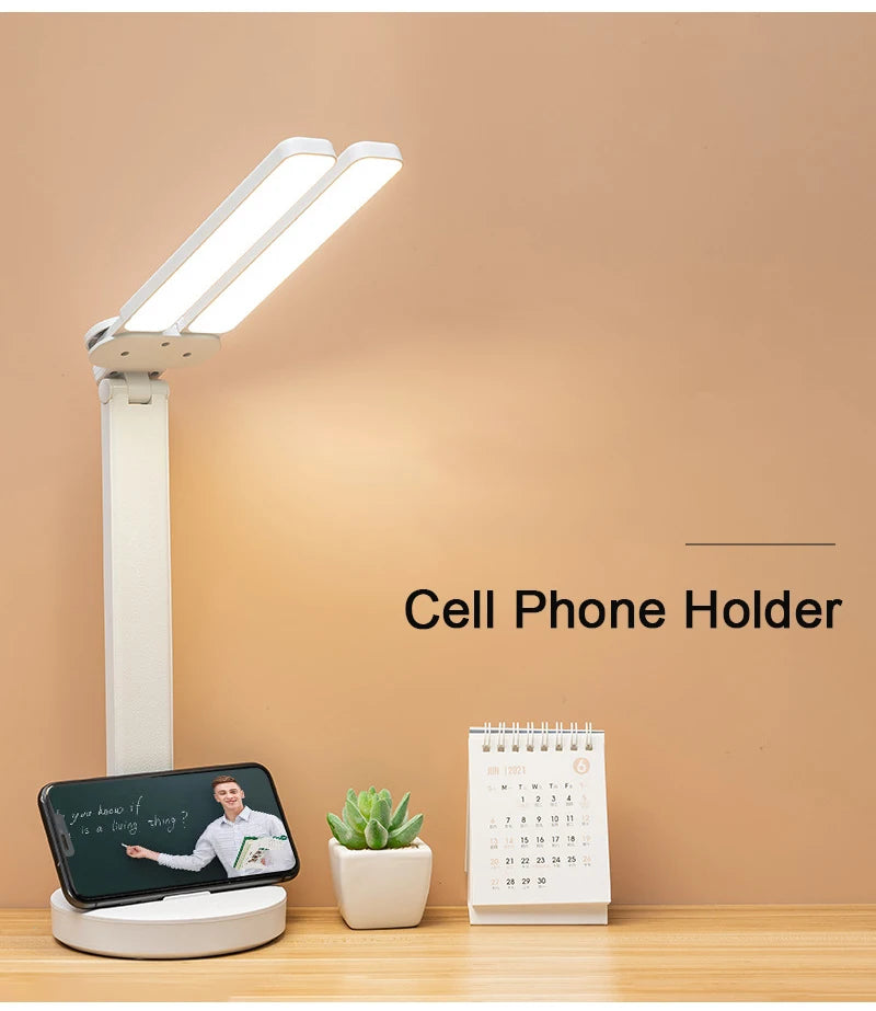 Double-Headed LED Table Lamp Dimmable Desk Lamp with Calendar Clock Foldable Eye Protection Reading Night Light