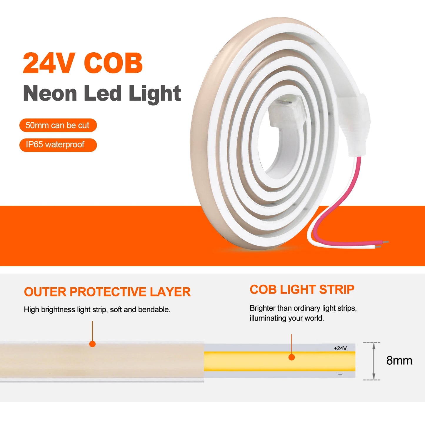 Gadgit Co AquaGlow™ Waterproof COB LED Strip Light | 12V & 24V, IP65/67, 0.5–20m