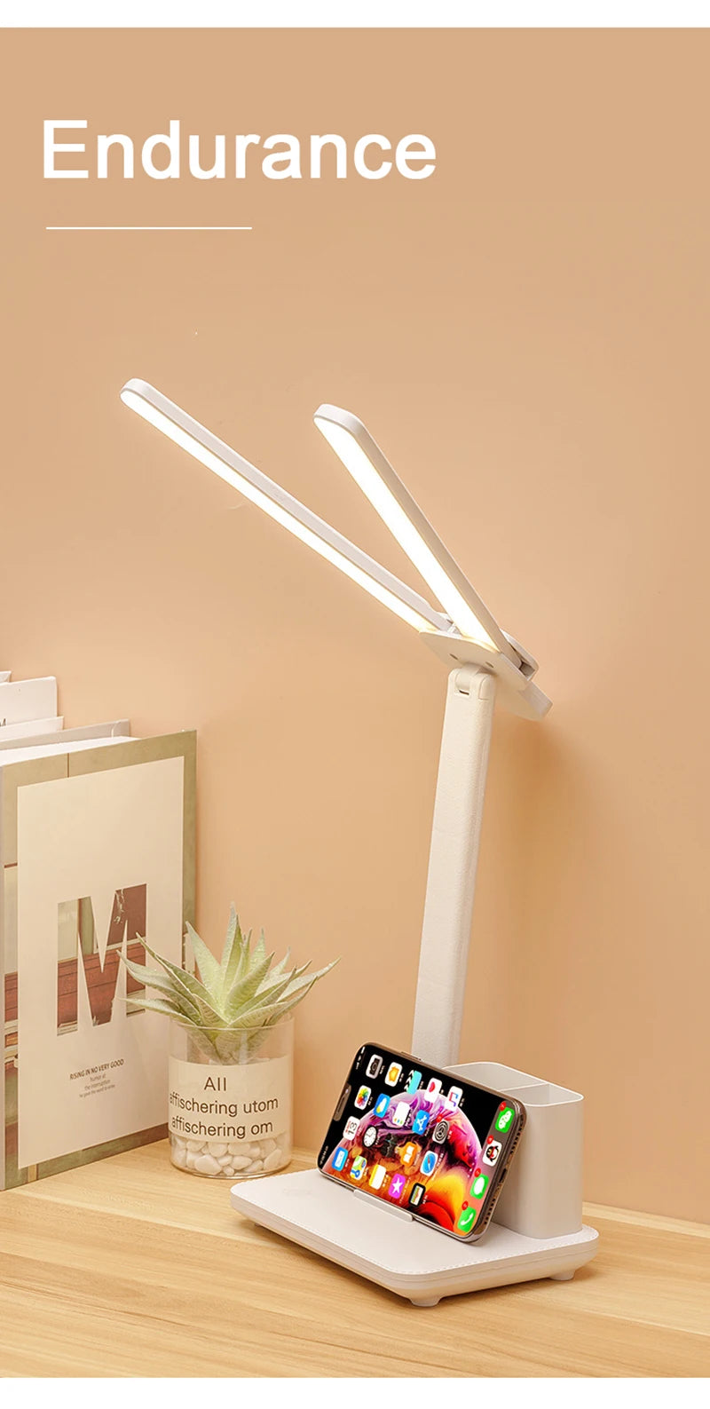 Double-Headed LED Table Lamp Dimmable Desk Lamp with Calendar Clock Foldable Eye Protection Reading Night Light