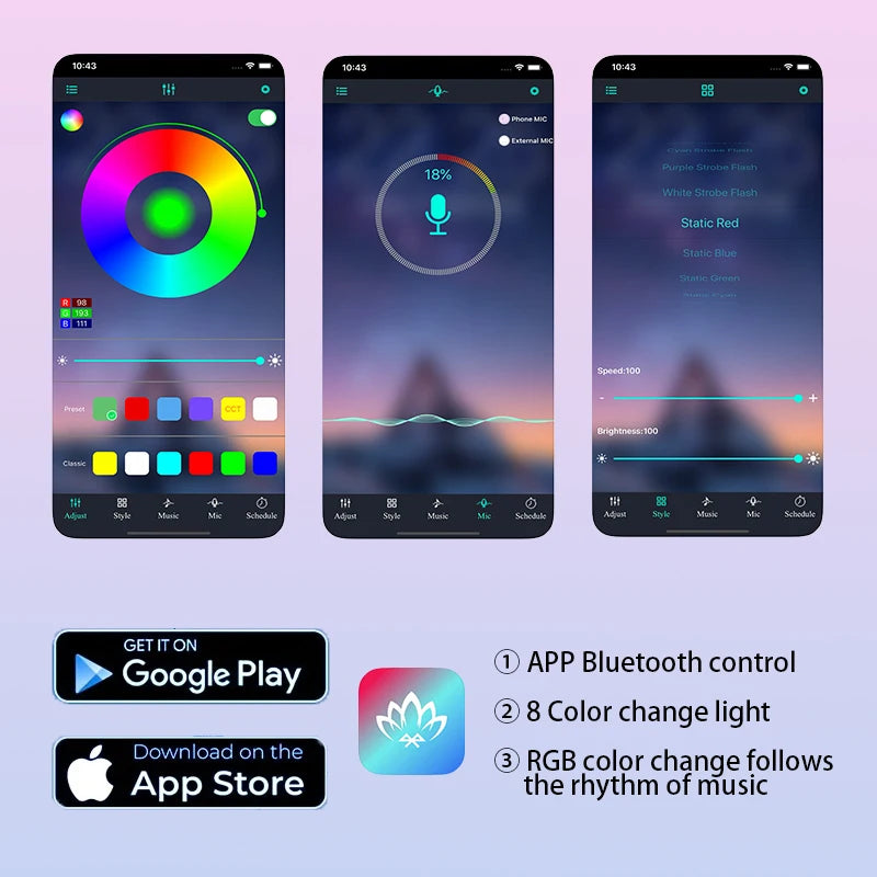 Gadgit Co RGB Car Interior LED Light Strip | Bluetooth APP, Music Sync, IP65, 48 LEDs