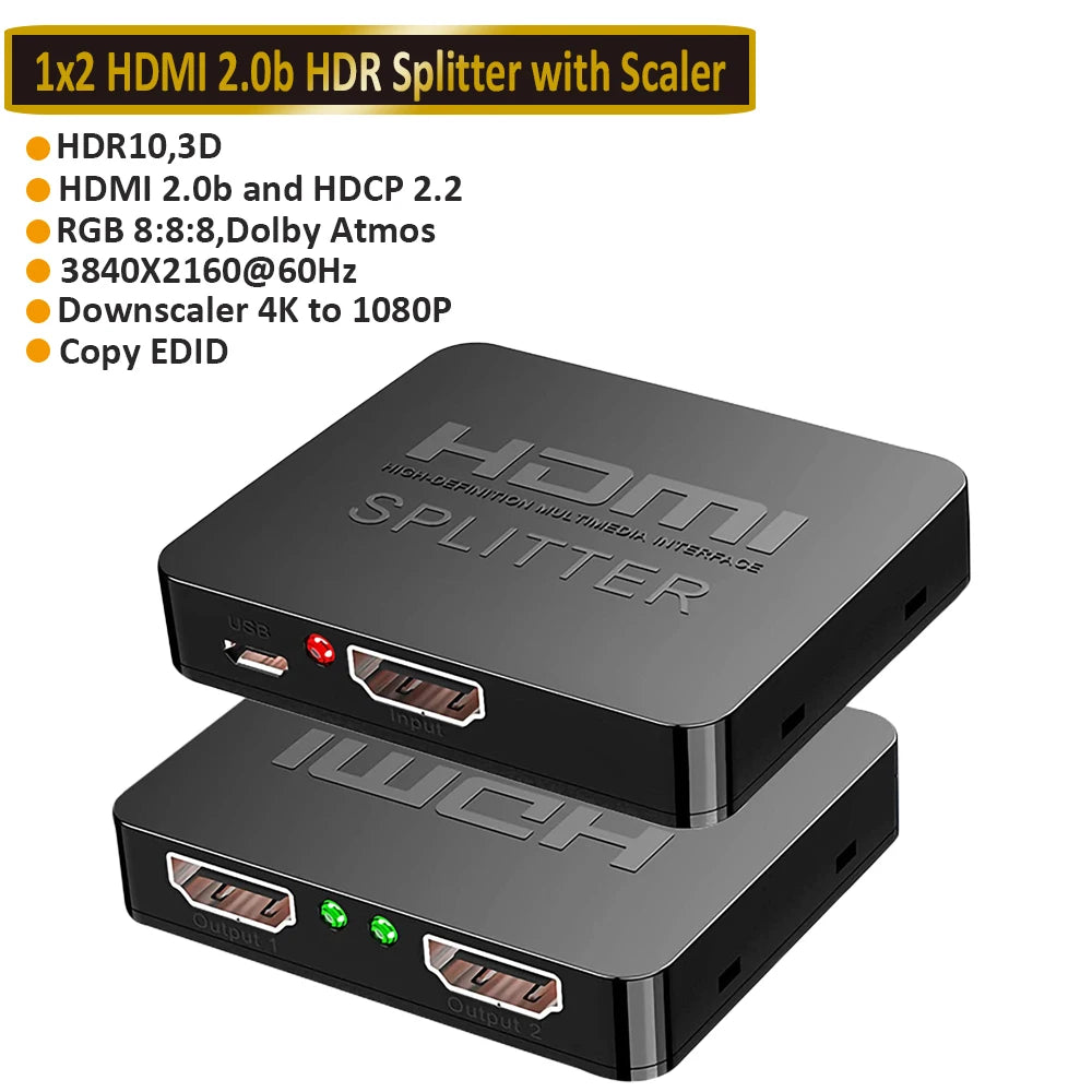 SplitHub Pro™ – 4K UHD HDMI 2.0 1x2 Splitter