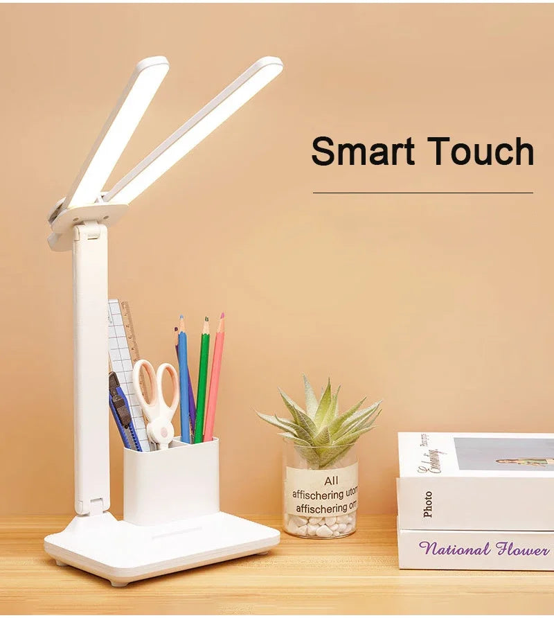 Double-Headed LED Table Lamp Dimmable Desk Lamp with Calendar Clock Foldable Eye Protection Reading Night Light
