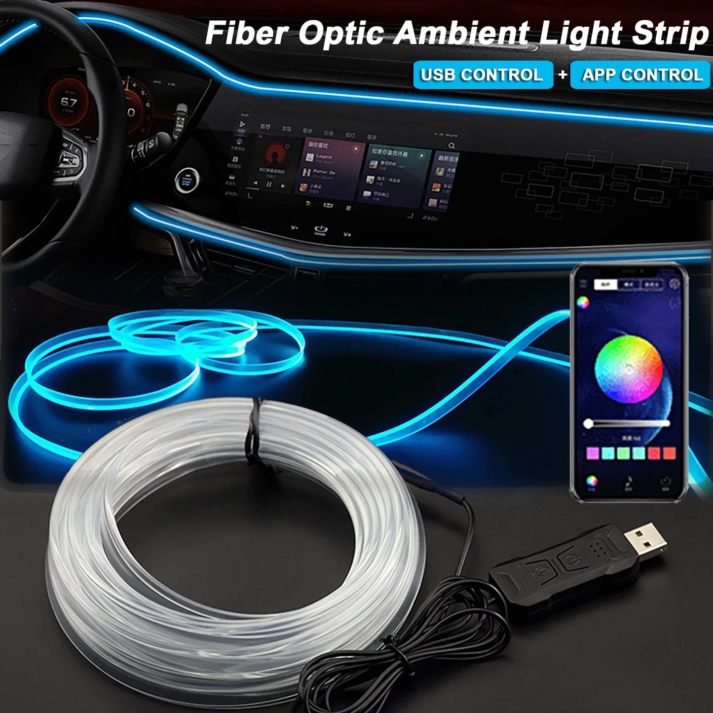 Gadgit Co RGB Car Interior Fiber Optic Ambient Light | APP Control, Music Sync, 4 Lengths
