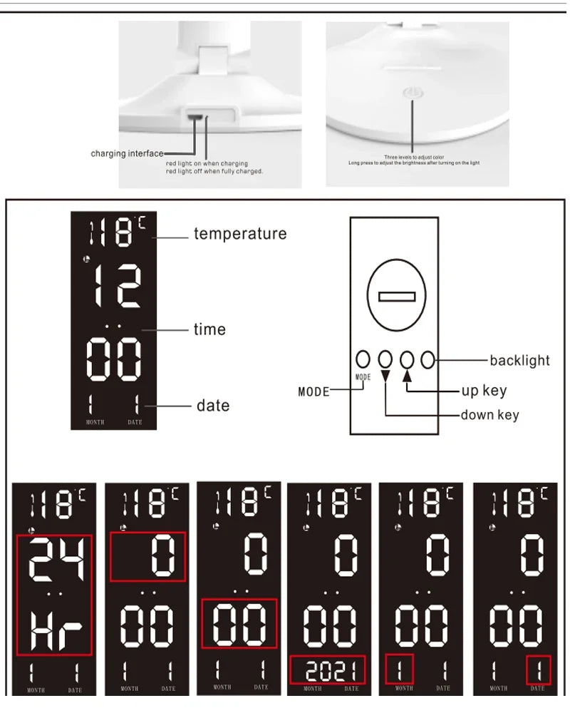Double-Headed LED Table Lamp Dimmable Desk Lamp with Calendar Clock Foldable Eye Protection Reading Night Light