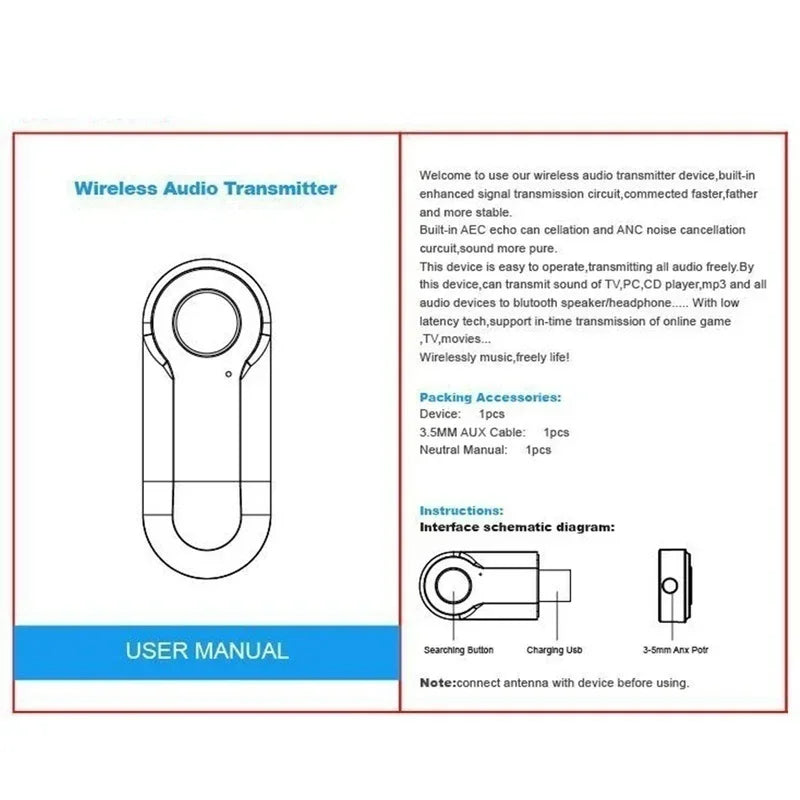 Wireless Bluetooth 4.0 Transmitter Stereo 3.5mm Audio Music Adapter for TV Phone PC TV DVD PC MP3