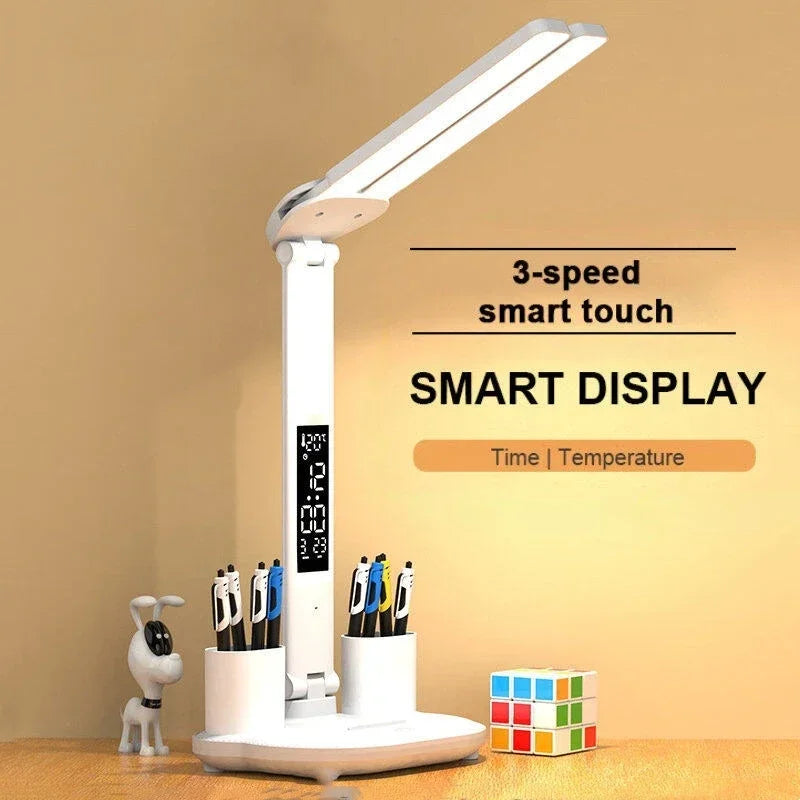Double-Headed LED Table Lamp Dimmable Desk Lamp with Calendar Clock Foldable Eye Protection Reading Night Light