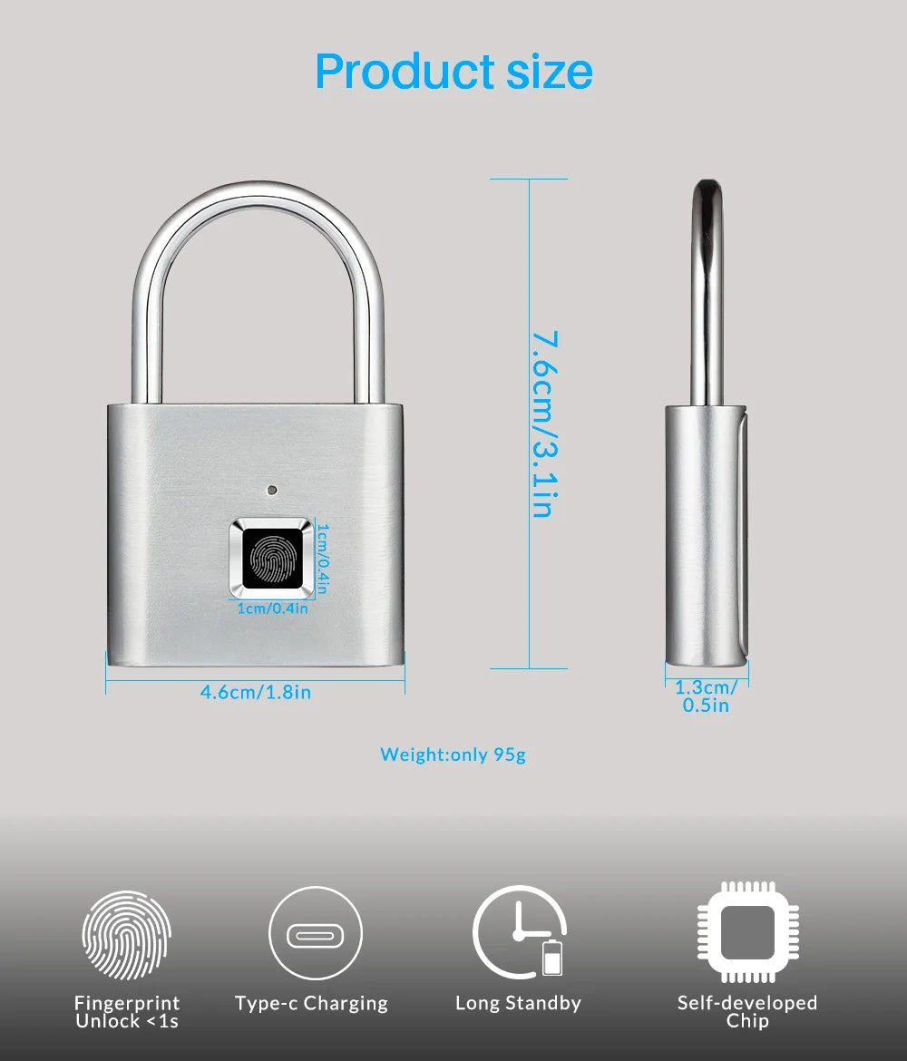 Gadgit Co Smart Fingerprint Padlock | IP67 Waterproof, 0.2s Unlock, Type-C Rechargeable