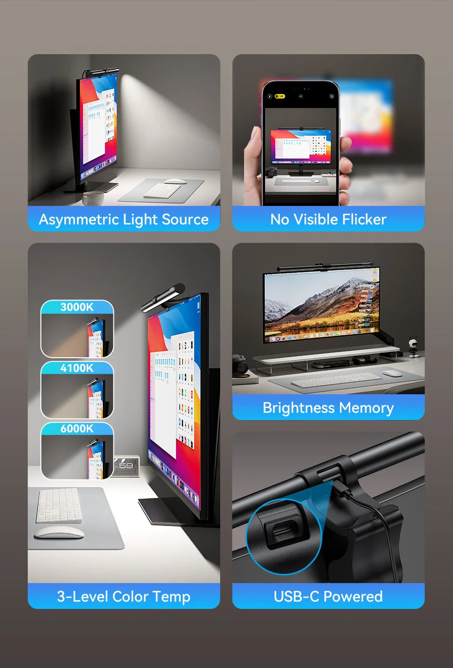 VisionGlow Pro™ LED Monitor Light Bar | Gravity Clip, 3-Colour Temp, USB-C