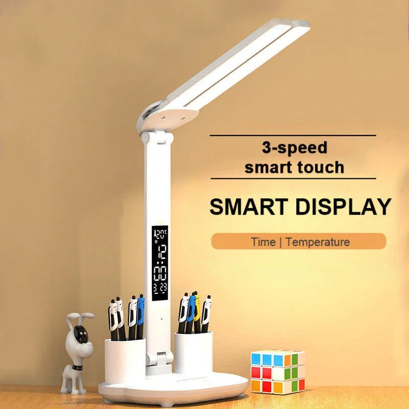Double-Headed LED Table Lamp Dimmable Desk Lamp with Calendar Clock Foldable Eye Protection Reading Night Light