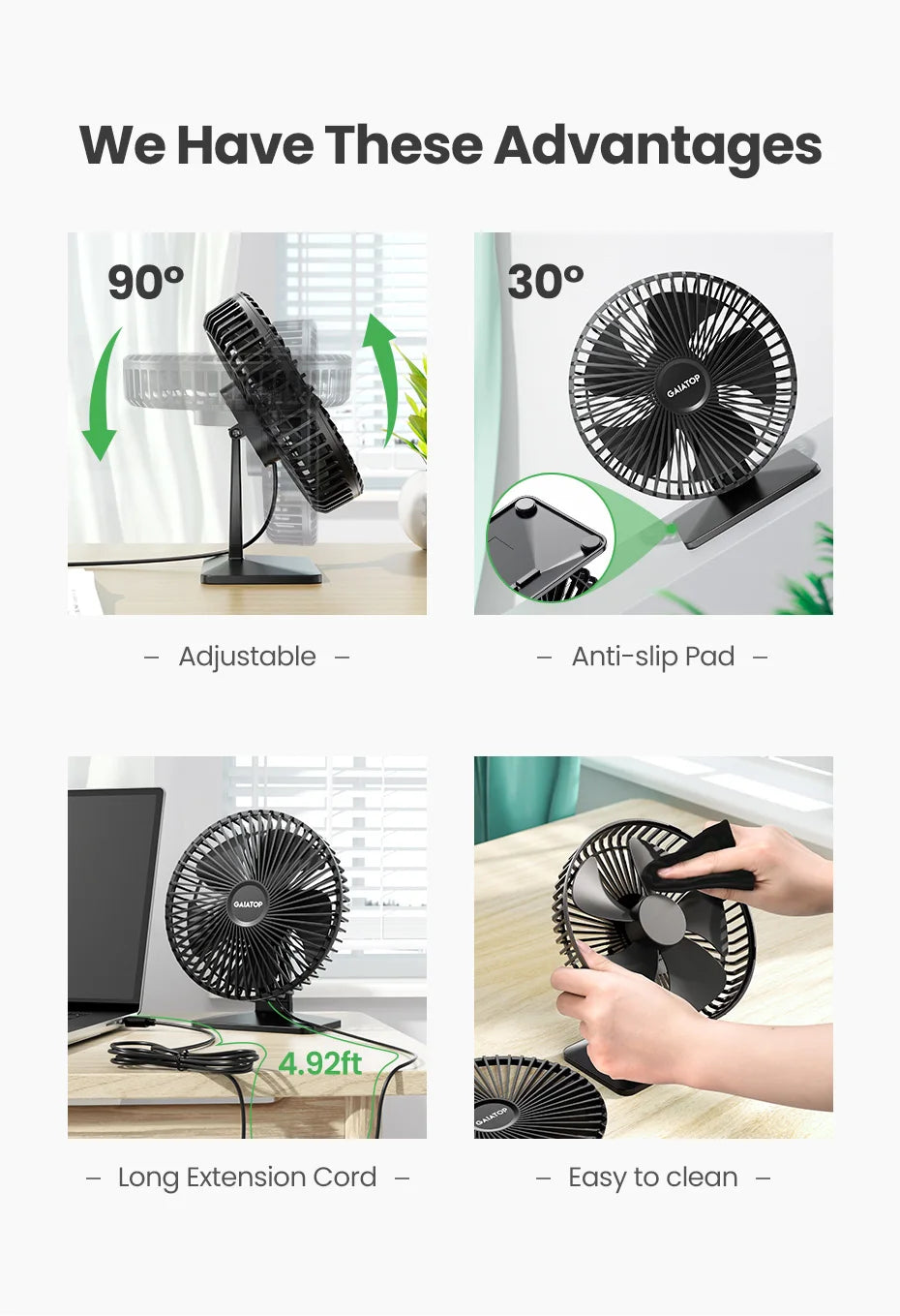 GAIATOP Desk Fan Portable USB Fan 90° Adjustable. Mute 3 Speed Adjustment