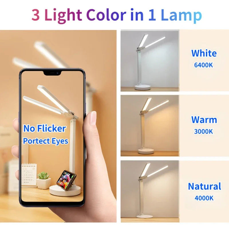 Double-Headed LED Table Lamp Dimmable Desk Lamp with Calendar Clock Foldable Eye Protection Reading Night Light