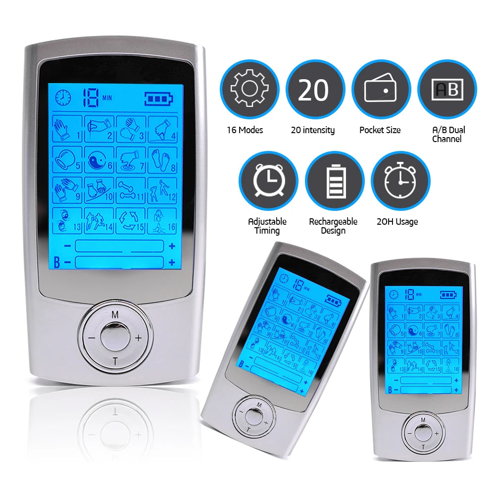 USB Charging TENS Machine EMS Muscle Stimulator Dual Channel 16 Mode Electronic Pulse Massager for Pain Relief Body Treatment