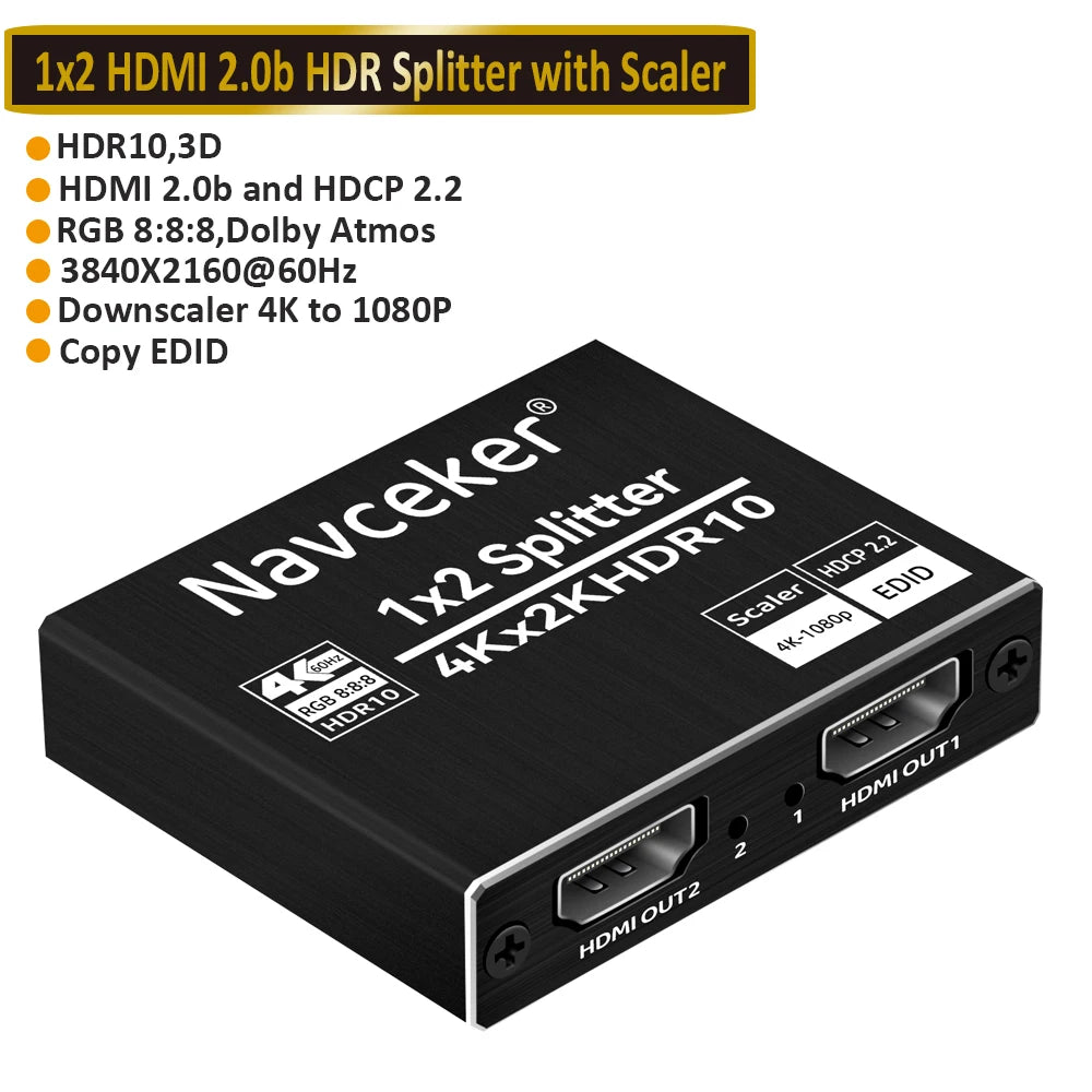 SplitHub Pro™ – 4K UHD HDMI 2.0 1x2 Splitter