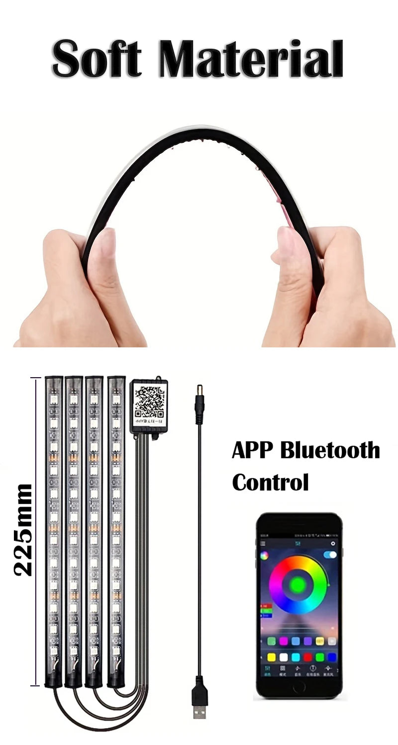Gadgit Co RGB Car Interior LED Light Strip | Bluetooth APP, Music Sync, IP65, 48 LEDs