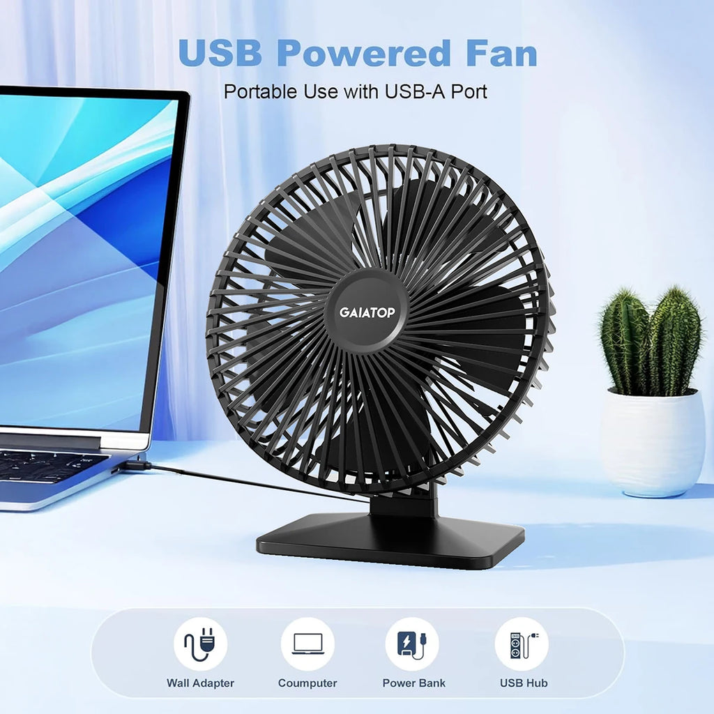GAIATOP Desk Fan Portable USB Fan 90° Adjustable. Mute 3 Speed Adjustment