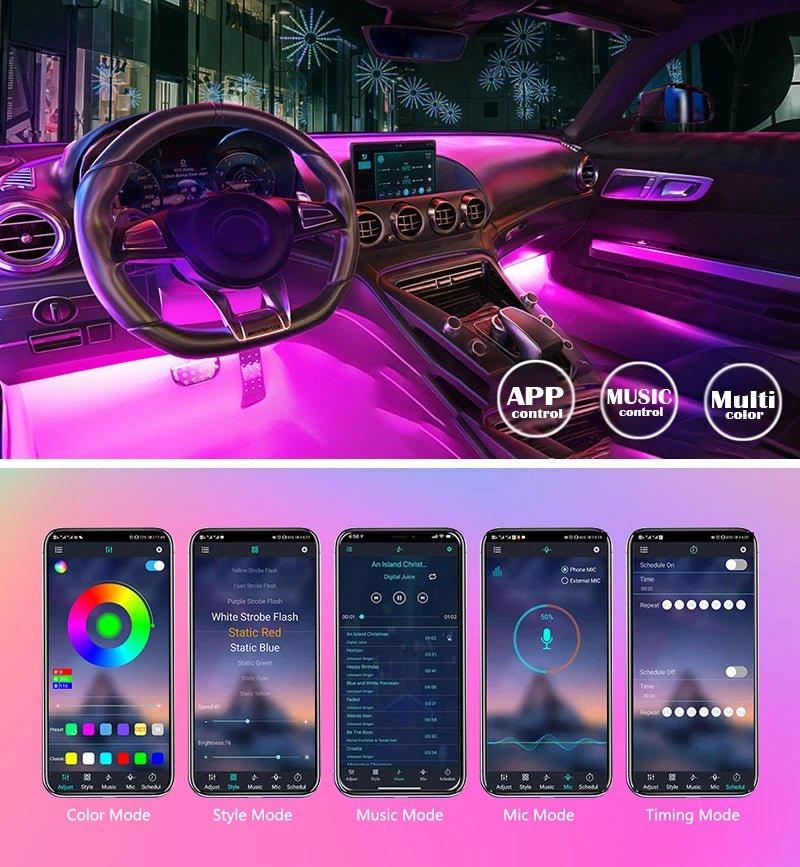 Gadgit Co RGB Car Interior LED Light Strip | Bluetooth APP, Music Sync, IP65, 48 LEDs